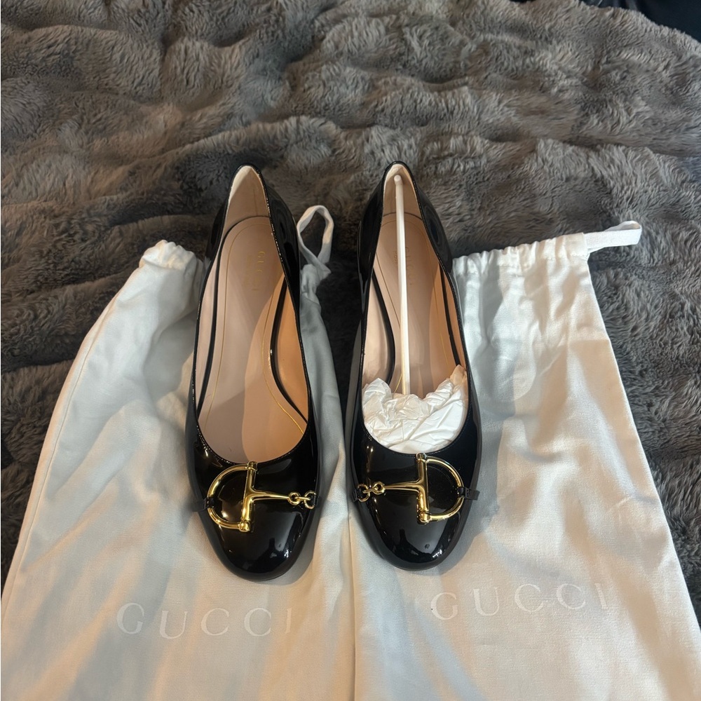 Gucci Black Patent Leather Flats with Gold Buckle